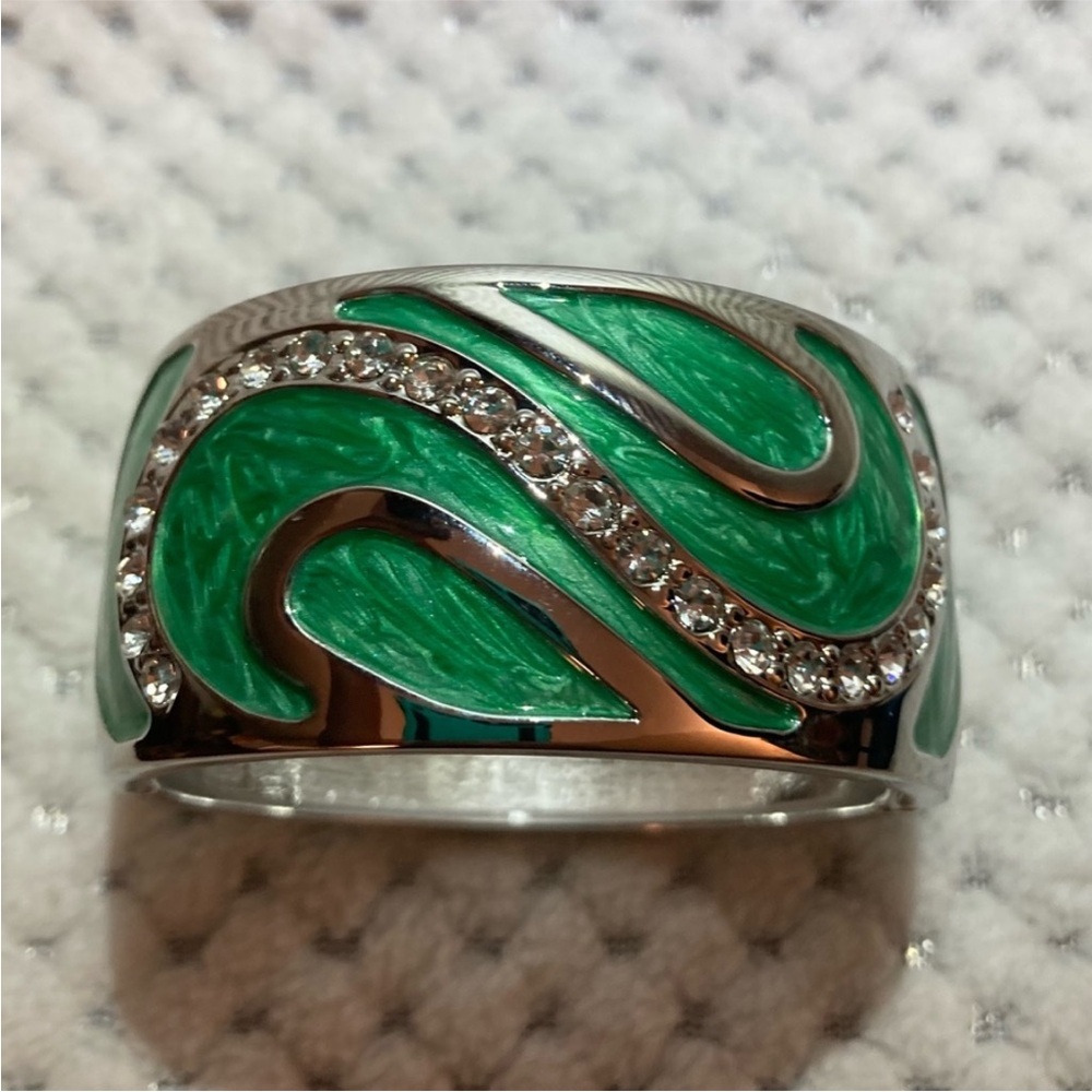 Silvertone Green Enameled Bangle Bracelet with White Austrian Crystals - Picture 8 of 12